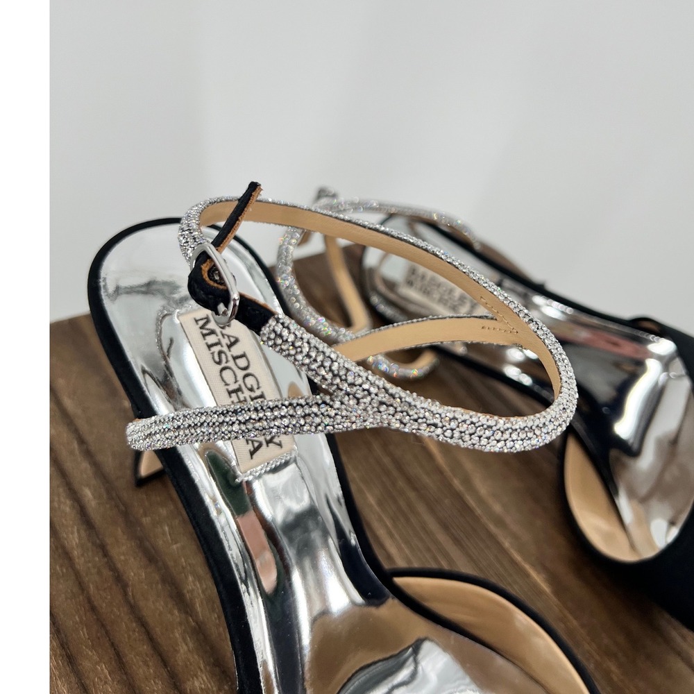 Badgley Mischka Kamilah Black Satin Crystal Ankle Strap Heels NWT 7.5 - Picture 8 of 10